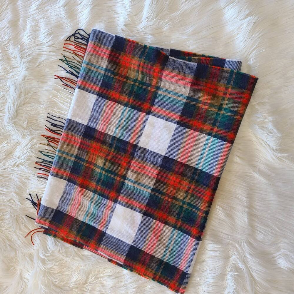 J. Crew Tartan Plaid Scarf Wrap Classic Fringe Fall Cozy White Red Green Shawl - Picture 2 of 3
